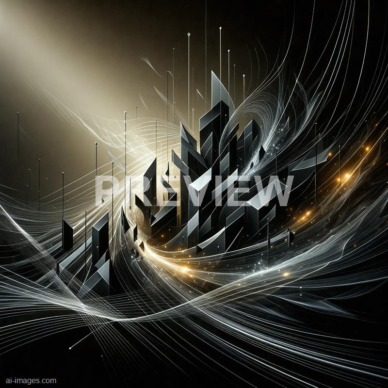 The image features an abstract, futuristic cityscape with towering, geometric black structures that resemble skyscrapers, set against a dark background. Surrounding the buildings are dynamic, flowing white and gold lines that create a sense of movement and energy, with small glowing points scattered throughout, adding a sense of depth and vibrancy to the scene. The overall effect is a sleek, high-tech visualization of a digital metropolis or a conceptual representation of a technological universe.